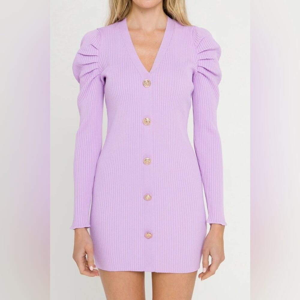 Endless Rose Lavender Ribbed Long Sleeve Button-Front Mini Dress